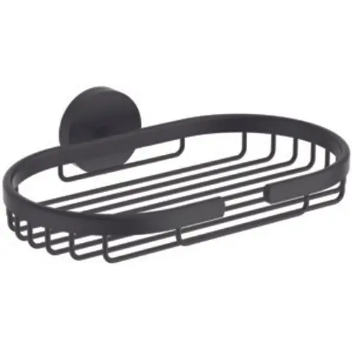 Seifenkorb aus metallischem Material in Schwarz, montiert an einer runden Wandhalterung, Produkt von Ideal Standard. Ideal zur Aufbewahrung von Seifen oder Pflegeprodukten.